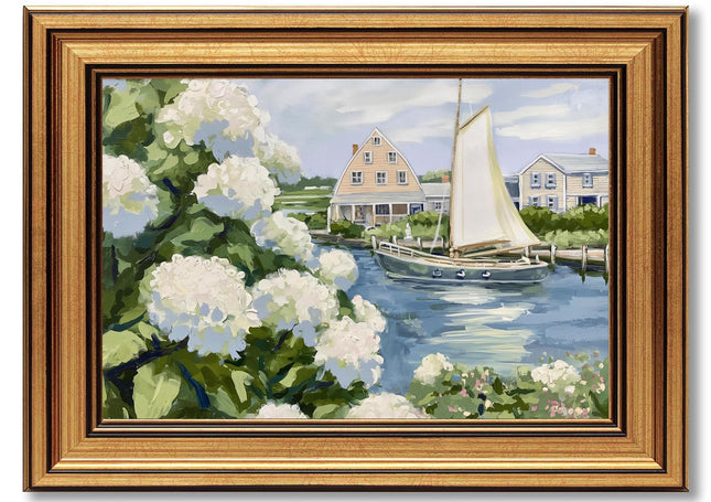 Gold Framed Vintage Coastal Canvas Wall Art, Hydrangea Seascape Painting Picture Wall Decor, Sailboat Seaside Summer Poster Print Artwork, for Living Room,Seaside Cabin, Home Decoration 12x16in