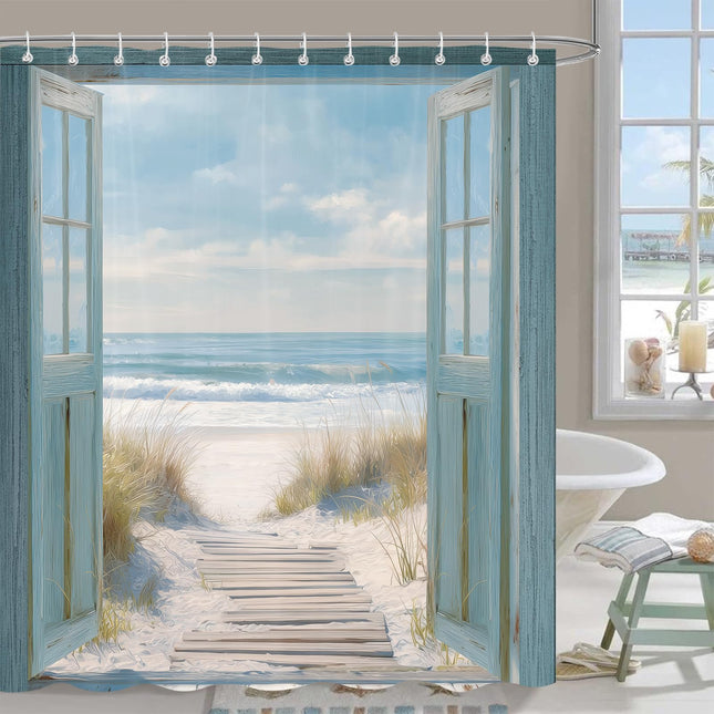 Sokdcam Beach Ocean Shower Curtain, Blue Coastal Nautical Seascape Rustic Barn Door Bathroom Curtains Decor, Waterproof Fabric Shower Curtain for Bathroom, 72 x 72 inch