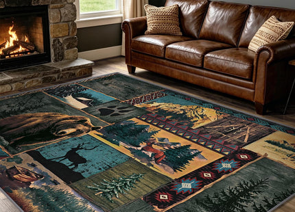 Rustic Cabin Area Rug 5x7, Washable Southwestern Rugs for Living Room, Blue