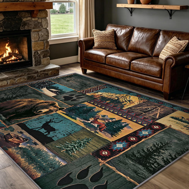 Rustic Cabin Area Rug 5x7, Washable Southwestern Rugs for Living Room, Blue