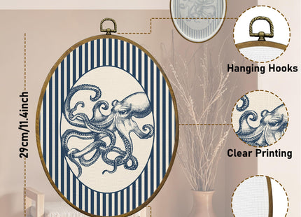 QZQE Coastal Beach Octopus Oval Wall Art Decor Framed, Ocean Beach Nursery Oval Canvas Prints, Navy Blue Striped Octopus Ocean Wall Hanging Decor for Home Bedroom Kids Nursery Room, 8.6x11.4 Inch