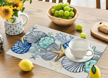 Sea Shell Starfish Beach Placemats Set of 4, 12x18 Inch Seasonal Spring Ocean Coastal Washable Linen Nautical Table Mats for Party Kitchen Dining Decoration