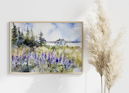 Generic Maine Coast Art Print Lupine Flowers Painting Maine Landscape Coastal Wall Art, 11 x 17 Inches, 16 x 24 Inches. 24 x 36 Inches, white