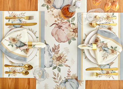 YiHomer Blue Pumpkin Bordered Thanksgiving Tabletop, Stonewashed Fall Pumpkin and Sunflower Cottage Print Easy Care Fabric, Farmhouse Harvest, Napkin Set, 20 x 20