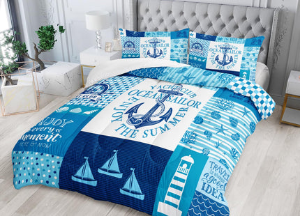 Nttopship Blue Ocean Grid Theme Comforter Set for Kids and Adults Anchor Sailboat Lighthouse Shell Quilt Set for Bedroom 100% Soft Microfiber Quilt Set with 1 Comforter and 2 Pillow Case