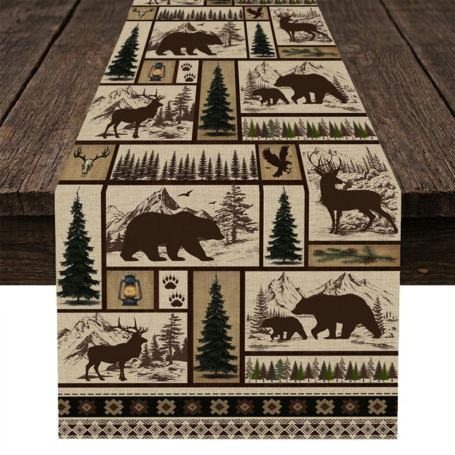 Vintage Rusticd Bear Deer Table Runner, Retro Lodge Cabin Country Farmhouse Hunting Print Kitchen Dinning Table Runners for Indoor Outdoor Home Wedding Party Holiday Decor, 13x36 Inch