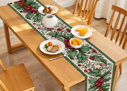 Christmas Table Runners and Placemats Set of 6, Holly & Berries Design, Green & Red, Perfect for Holiday Dining, 7-Piece Christmas Table Decoration