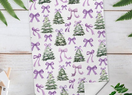 Ghoaoivo Coquette Purple Bow Christmas Tree Kitchen Dish Towels, Preppy Christmas Winter Pine Tree Hand Tea Towels for Kitchen Bathroom Decor, 16x24 Inch