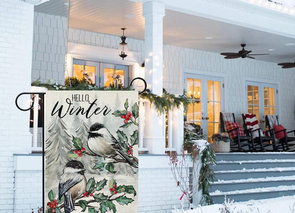 Hzppyz Hello Winter Chickadee Birds Garden Flag Double Sided, Red Berries Pine Tree Branch Farmhouse Decorative Yard Outdoor Home Small Decor, Snowy Forest Christmas Outside House Decoration 12 x 18