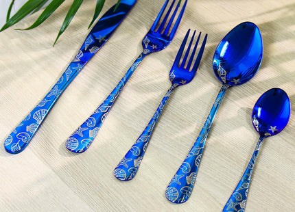 20 Pieces Stainless Steel Flatware Set for 4 People Knives Forks Spoons Set, Seashell Design, Ocean Nautical Seashell Summer Party Blue Silverware Mirror Polish and Dishwasher Safe (20, Blue Seashell)