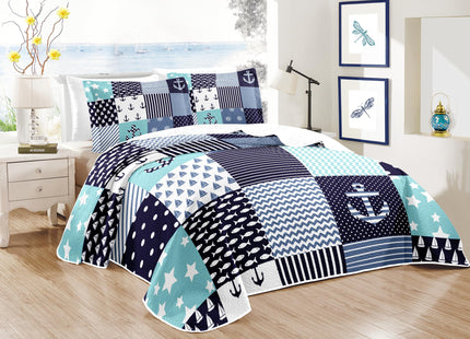 weesire Nautical Bedding Queen Size Coastal Quilt with 2 Shams, Coastal Beach Comforter Sets Ocean Bedspreads Coverlet Summer Bedding, 90''x96''