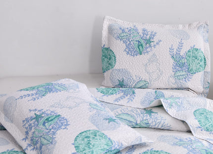 Oliven 3 Pcs Blue Green Coastal Quilt King Size Lightweight Summer Beach Bedspread Ocean Theme Conch Shell Bedding Soft Seashell Seaweed Starfish Coverlet Set Seaside Home Decor