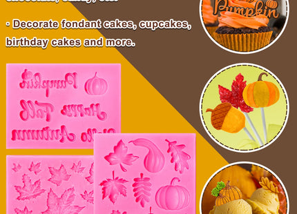 Whaline 3 Pack Fall Fondant Molds Autumn Pumpkin Maple Leaves Silicone Molds Hello Fall Candy Resin Chocolate Baking Mold for Autumn Harvest Cupcake Cake Topper Decoration Soap Jelly