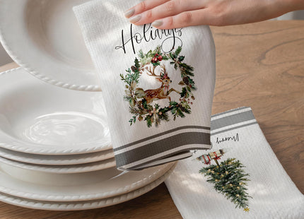Geuro Christmas Kitchen Towels Set of 2, Xmas Tree Dish Towel 16x24 Inch Rustic Christmas Wreaths Reindeer Bath Hand Towel, Farmhouse Winter Kitchen Tea Towels Decorative for Home
