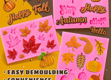 Whaline 3 Pack Fall Fondant Molds Autumn Pumpkin Maple Leaves Silicone Molds Hello Fall Candy Resin Chocolate Baking Mold for Autumn Harvest Cupcake Cake Topper Decoration Soap Jelly