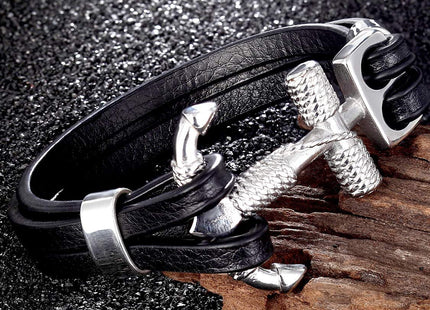 HAQUIL Nautical Anchor Black Leather Cuff Bracelet Anchor Jewelry Gift
