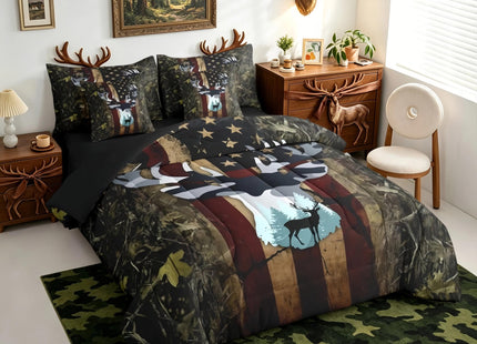 Feelyou American Flag Deer Cabin Comforter Set Full Size Kids Boys Girls