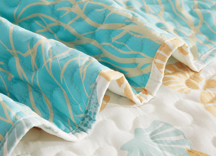 3 Pieces Coastal Quilt Sets King Size-Ocean Theme Coral Shell Starfish Conch Pattern Printed Quilt,Reversible Beach Bedding Set,Summer Soft Lightweight Nautical Bedspread Coverlet(King 106"x96")