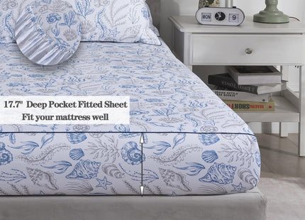 FADFAY Ocean Sheets Set Twin 100% Cotton, 4 Piece Coastal Bedding Set, Cooling & Crisp Summer Bedding, Navy Blue Nautical Seaweed Seashell Print, Soft & Breathable Deep Pocket Fitted Sheet, Twin Size
