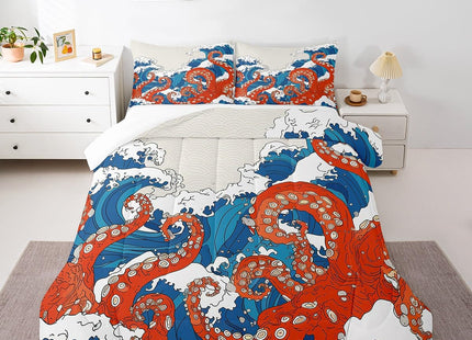 Homewish Octopus Comforter Set,Blue Waves Bedding Set for Kids Girls Women,Adults Sea Animals Comforter,Ocean Theme Quilted Duvet Set Bedroom Collection Twin Size 2Pcs