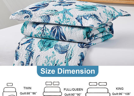 Hailea Beach Quilt Sets Full/Queen Size Ocean Theme Bedspread Coastal Bedding Set Blue Seahorse Starfish Shell Quilts Lightweight Reversible Bed Coverlet Soft Summer Bed Cover with 2 Pillowshams