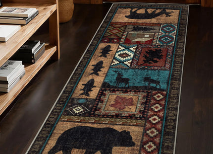 Hallway Runner Rug 2x6 Indoor Door Mat - Bear Rustic Cabin Non-Slip Entryway Rug, Low Pile Tribal Print for Kitchen, Bedroom