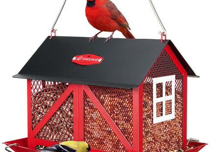 Kingsyard Metal Bird Feeder for Outdoors Hanging, 2-in-1 Wild Bird Feeder with Seed Tray & Built-in Perch, 5 lb Large Capacity for Cardinal Chickadee Finch, Red