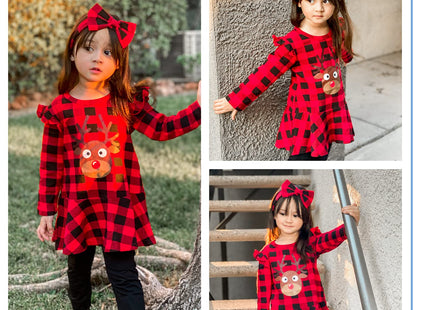 Aalizzwell Little Toddler Girls Christmas Outfits Deer Buffalo Plaid Tunic Tops Pants Xmas Clothes Set (Deer, 4-5T)