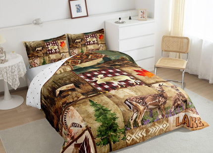 Hunting Deer Comforter Set Full Farmhouse Decor,Elk Reindeer Moose Woodland Animals Wildlife Bedding Set,Rustic Wood Cabin Style Down Comforter,Southwestern Aztec Boho Buffalo Plaid Patchwork Quilt