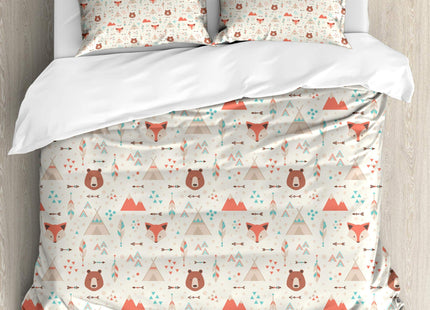 Ambesonne Tribal Duvet Cover Set, Prehistoric Fox Arrows Bear Lodge Houses Feather Graphic, Decorative 3 Piece Bedding Set with 2 Pillow Shams, King Size, Salmon Amber White