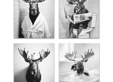 OFJE Funny Moose Wall Art Decor Prints, Black and White Moose Posters Pictures Wall Decor for Bathroom Washroom,Rustic Retro Wall Decorations Humor Animals Artwork Prints,8x10inchx4pcs,Unframed,PJ1096