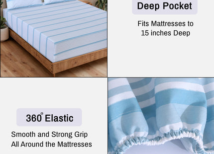 RUVANTI 100% Cotton Organic Percale King Sheets, Nautical Stripes