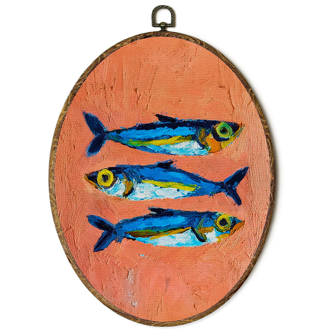 FSTCSV Vintage Sardine Decor Oval Wall Art Framed, Nautical Coastal Sardines Fish Canvas Prints Wall Hanging Art, Vintage Retro Sardine Fish Oval Walls Decor for Beach House Kitchen, 8.8x11.5in