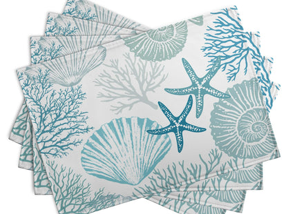 Nautical Coastal Blue Placemats Set of 4 Summer Teal Turquoise Beach Theme Linen Table Mats Ocean Coral Seashell Starfish Decorative Place Mats for Party Kitchen Dining Outdoor Indoor Decor