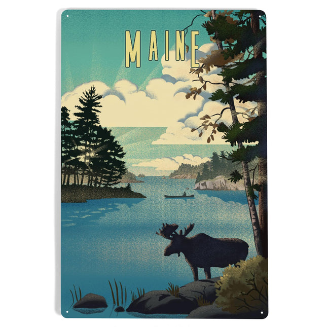 Lantern Press Maine, Moose and Lake, Lithograph, 12x18 Inch Aluminum Sign, Indoor or Outdoor Use