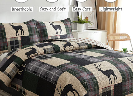 CHESITY Lodge Bedspread Twin Size,3 Piece Rustic Cabin Quilt Set Black Deer Bedspreads Coverlet Reversible Animal Printed Wildlife Patchwork Dark Green Beige Plaid Bed Cover Country Decor(68"x86")