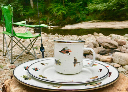 Golden Rabbit Enamelware Dinner Plates, 10.5 inch, Fishing Fly, Set of 4