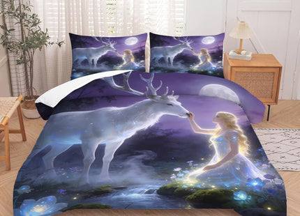 kxry Soft Easy Care Microfiber Bedding Sets Angel Girl and White Deer Forest Flower Comforter Set 2 Pieces of Moon Lightweight Quilt for Kids Teen Girls Twin Size
