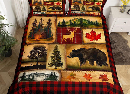 Bear Cabin Plaid Duvet Cover King, Rustic Farmhouse Comforter Cover, Retro Hunting Deer Bedding Set, Country Woodland Pine Tree Bed Cover, Maple Leaf Lodge Decor Quilt Cover, Red Black Brown