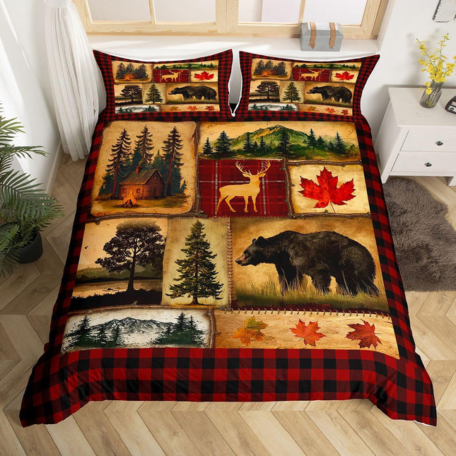 Bear Cabin Plaid Duvet Cover King, Rustic Farmhouse Comforter Cover, Retro Hunting Deer Bedding Set, Country Woodland Pine Tree Bed Cover, Maple Leaf Lodge Decor Quilt Cover, Red Black Brown