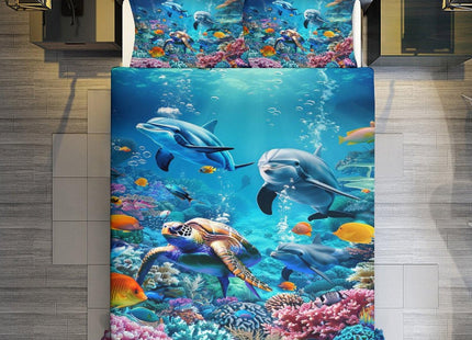 Lovira Ocean Sea Tutrle Beach Dolphin Theme 3 Pieces Duvet Cover Comforter Set with 2 Pillowcase Twin Size Nautical Fish Bed Sheet Quilt Bedroom Bedding for Lover Kids