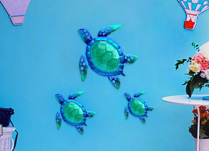 JOYBee Sea Turtle Wall Art Decor, Metal & Glass Sea Life Nautical Home Wall Hanging Decor,Ocean Theme Coastal Decorations for Indoor Outdoor Bathroom and Garden-Blue（Set of 3）