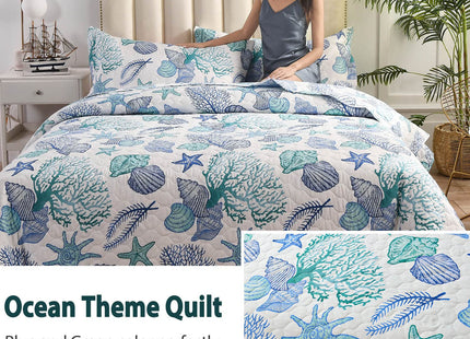 Junsey 3 Piece Quilts Twin Size Ocean Theme,Lightweight Coastal Beach Theme Bedding Seashell Conch Starfish Bedspread Ocean Creature Coverlet with 2 Pillowshams