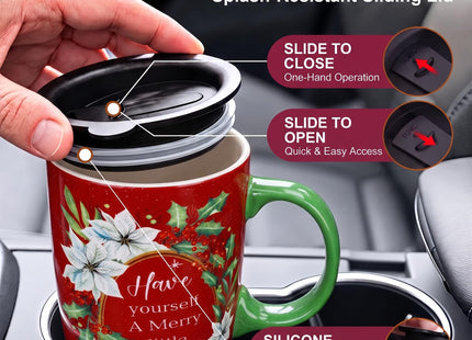 Topadorn 17oz Poinsettia Holly Ceramic Coffee Mug with Lid & Gift Box