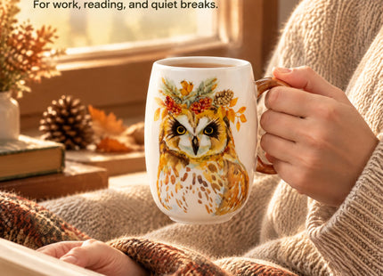 Moqidadii 24 oz Porcelain Coffee Mug, Hand-Painted Owl, Wood-Tone Handle