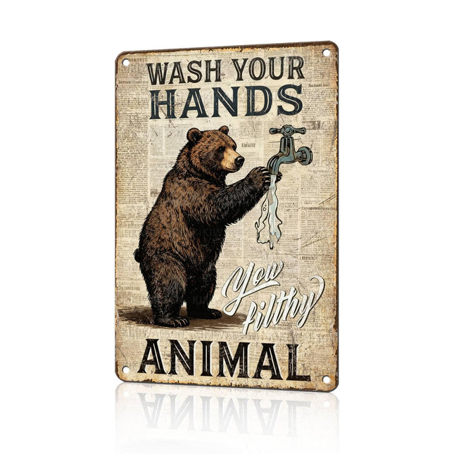 Vintage Bear Tin Sign Wash Your Hands You Filthy Animal Retro Metal Sign Funny Animals Lovers Nostalgic Wall Decor For Home Cafe Kitchen Bar Bathroom Restroom Washroom Bedroom 12 * 8 In