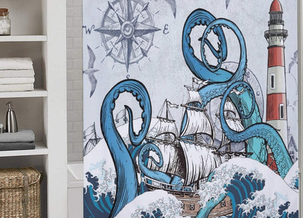 Lnepty Nautical Octopus Shower Curtain,Navy Blue Funny Ocean Kraken Shower Curtains for Bathroom Anchor Coastal Map Waterproof Fabric Bath Curtain Decor with Hooks,72x72Inch