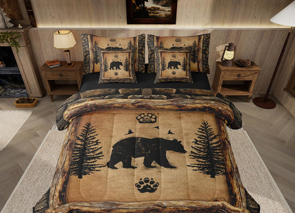 Feelyou Kids Rustic Bear 7 Piece Bedding Set Twin Size Farmhouse Forest Animal Black Bear Comforter Set with Sheets Boys Girls Hunting Country Brown Bed in a Bag