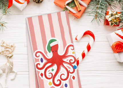 Yhtrg Coastal Octopus Christmas Kitchen Towels 16x24 Inch, Gifts for Octopus Lovers, Pink Stripes Christmas Beach Hand Towels for Bathroom Decorative, Nautical Xmas Dish Tea Towel for Kitchen Decor