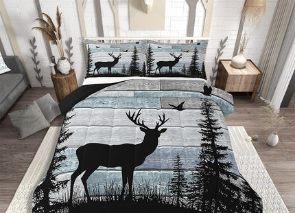 Western Bedding Set for Men Women,Rustic Deer Comforter Sets for Boys Teens Kids,Cabin Farmhouse Hunting Quilt King Size,Pine Trees Rustic Striped Down Comforter Set Wildlife Animal Print Duevt Insert